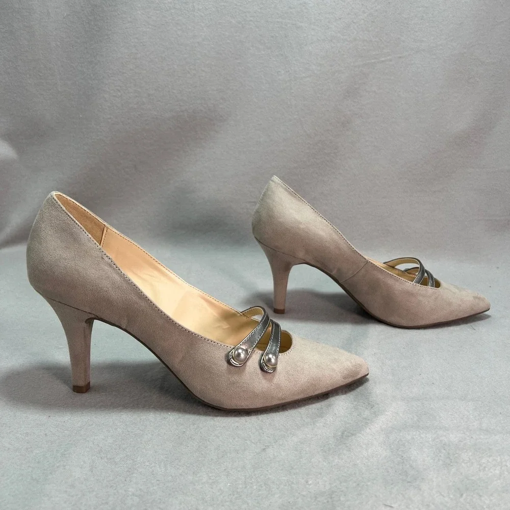 Liz Claiborne Pumps Koala Grey Faux Suede Pearl‎ Strappy Elegant Neutral 9 WIDE
