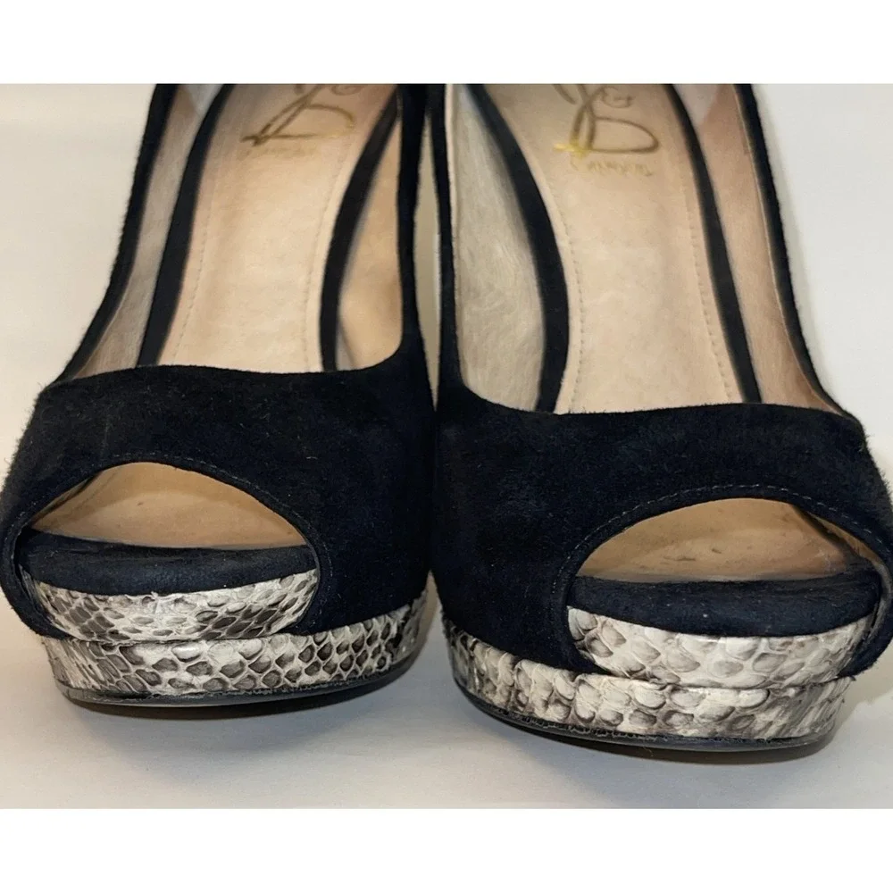 Joan & David Black Suede Platform‎ Peep Toe Python High Heel Size 8.5M