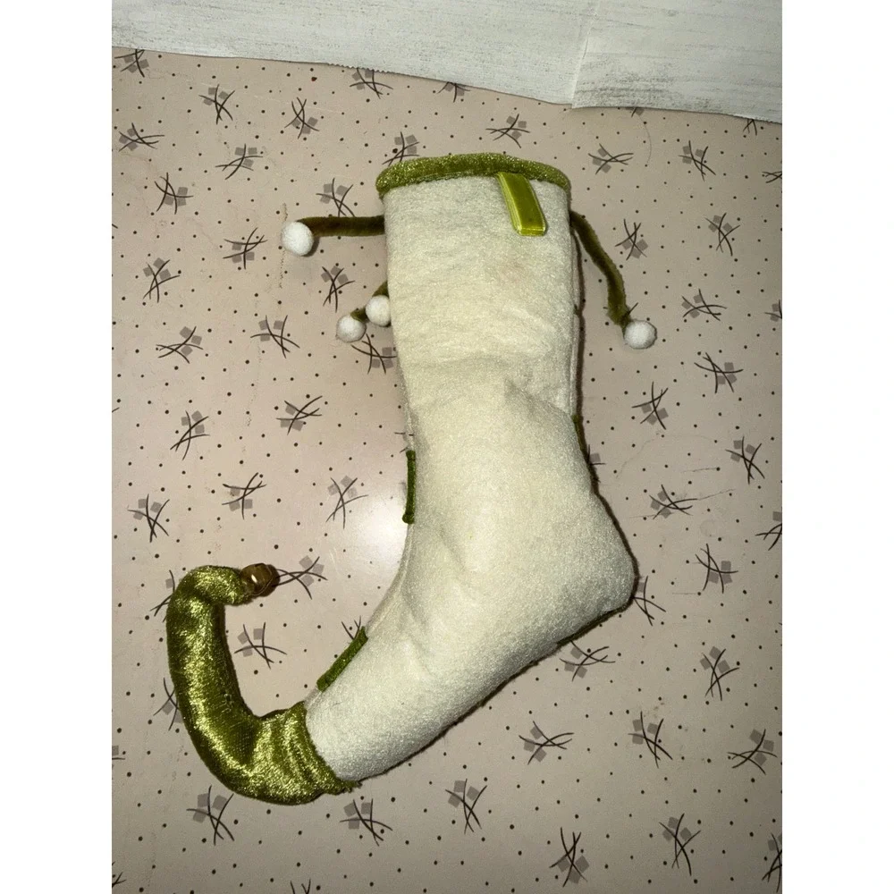 Patience Brewster Krinkles Cheer Christmas Stocking Elf‎ Boot Green Gold Cream