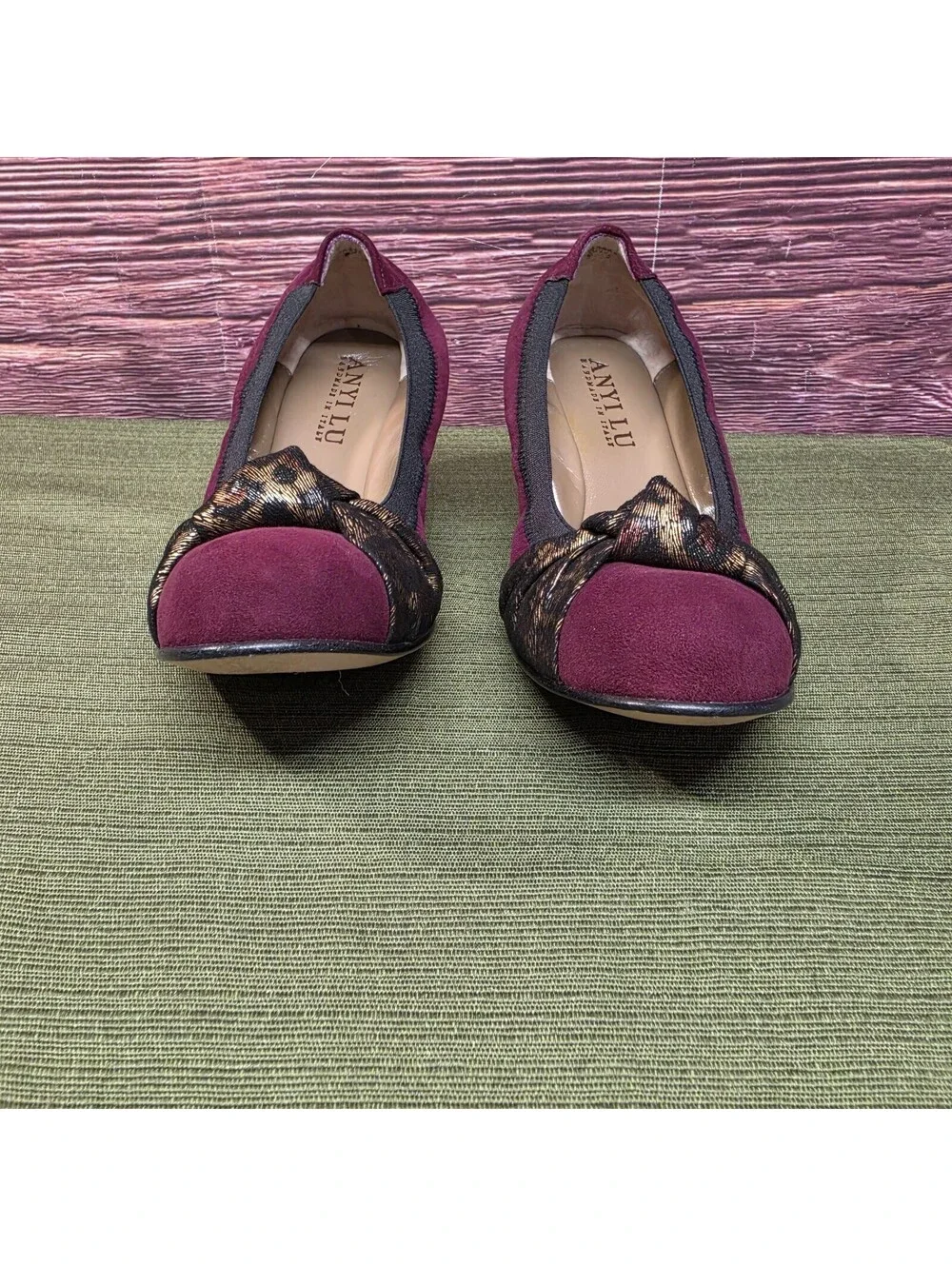 Anyi Lu Rosie Women's Bordeaux Suede Graphite Shimmer Knot Wedge EU 36