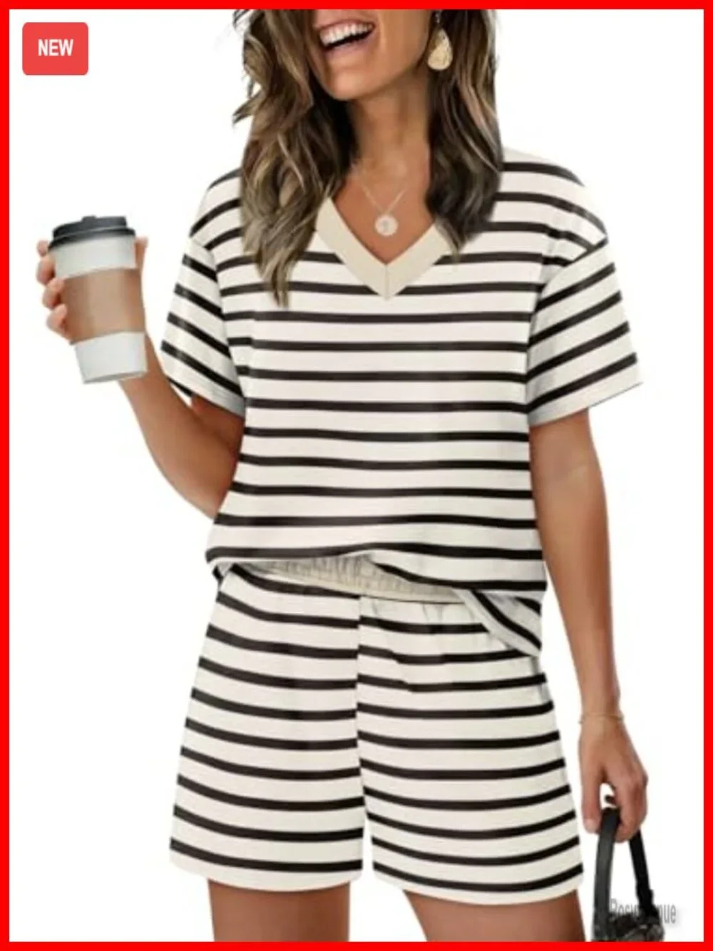Lightweight Short Sleeve Pajama Set with V-Neck and Elastic Waist