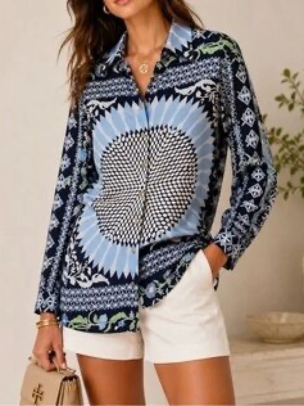 Tory Burch Floral Sunburst Multi Mosaic Cotton Button Up LS Blouse Top Sz 2
