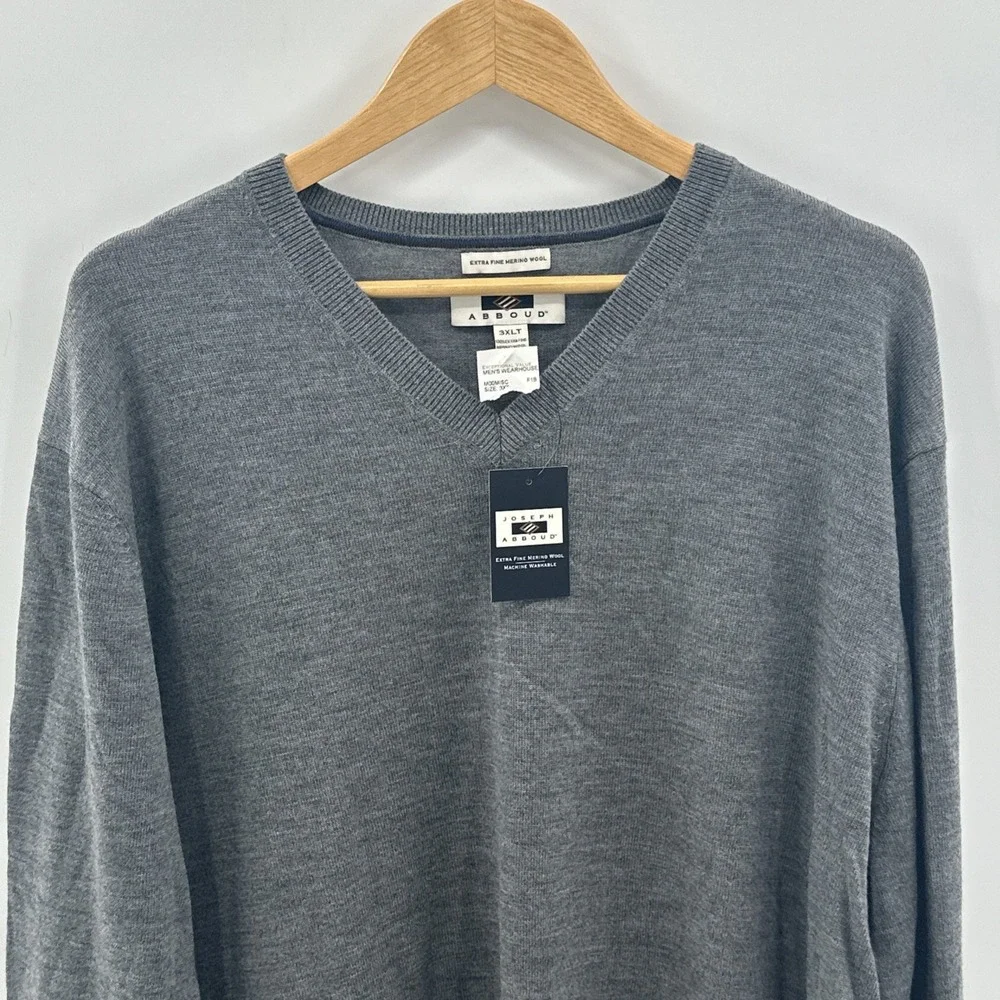 Joseph Abboud Men's 100% Extra Fine‎ Merino Wool Gray V Neck Sweater 3XLT Office