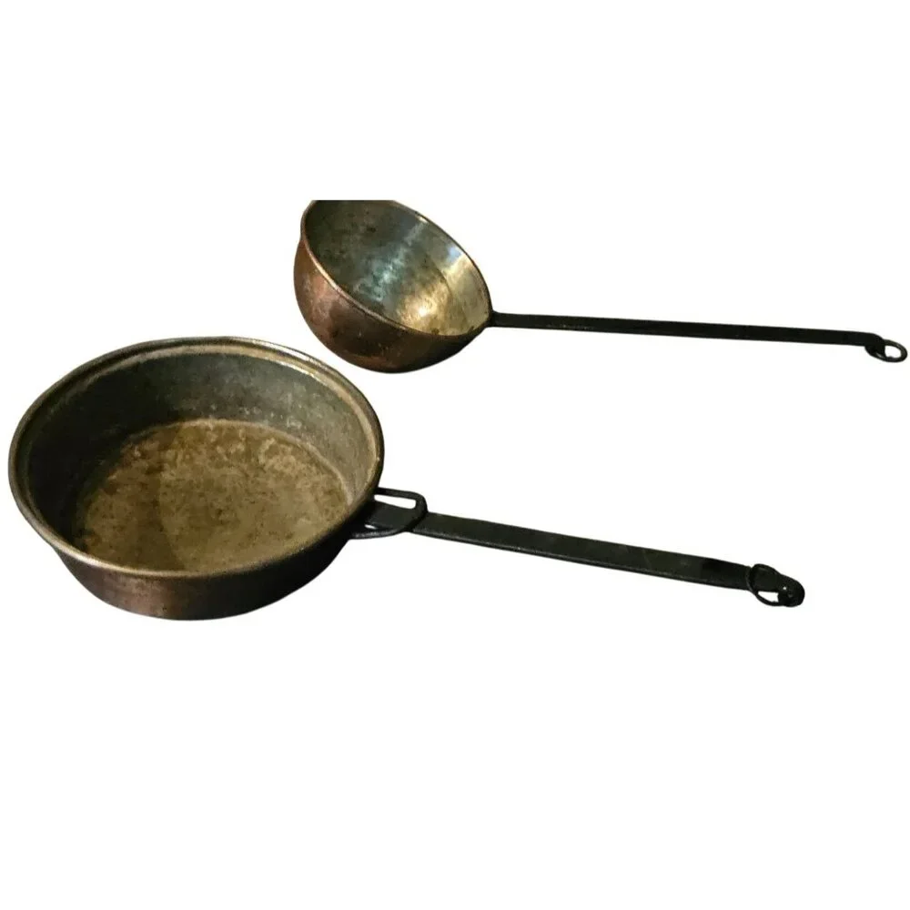 Antique Large Hand Forged French Copper Pots With Brass Handles 23