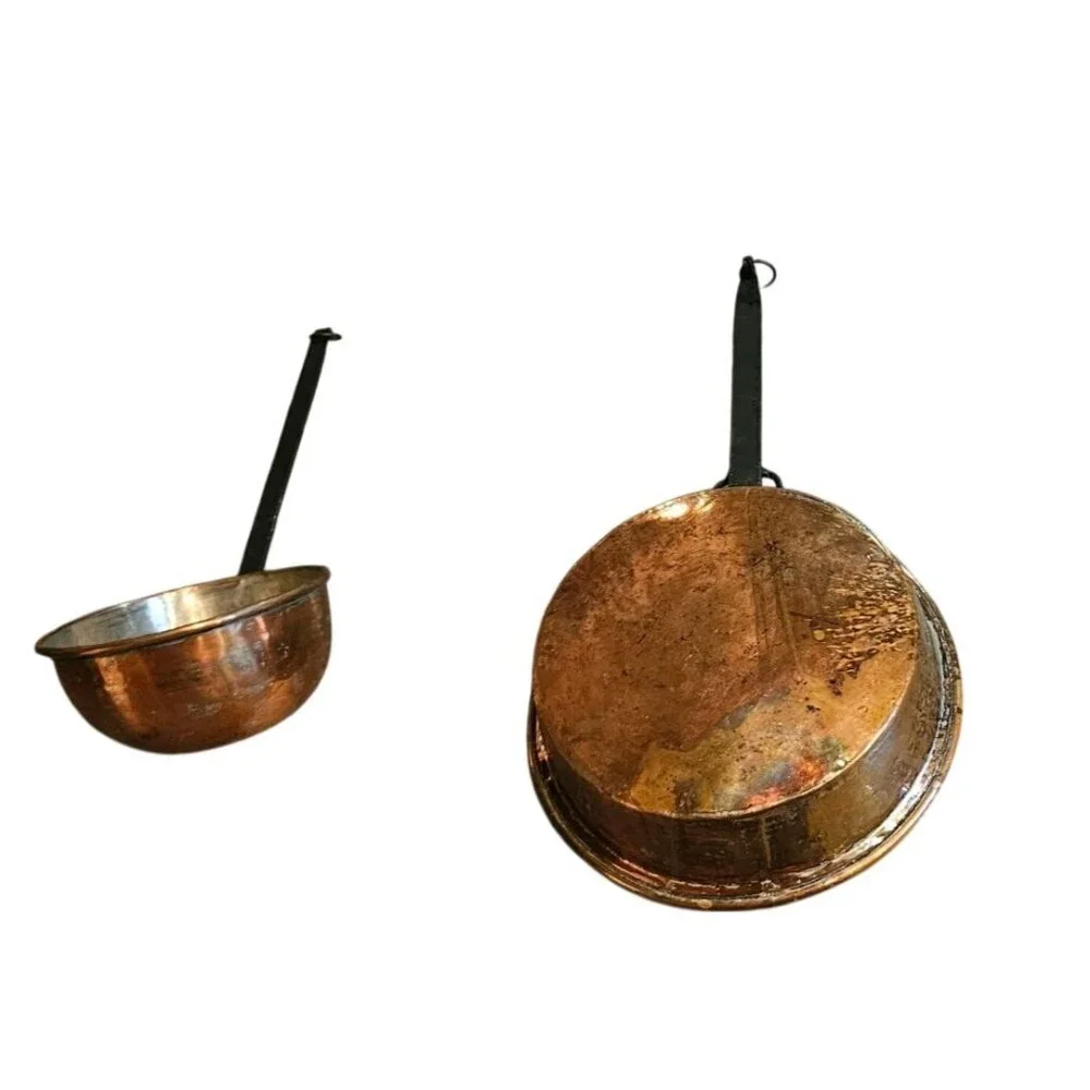Antique Large Hand Forged French Copper Pots With Brass Handles 23