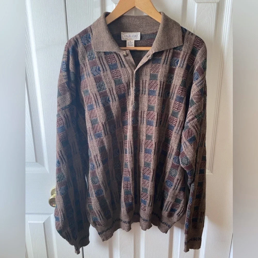 VINTAGE MURANO Brown Wool Blend 3D Knit Collared Grandpa Sweater SZ‎ XL