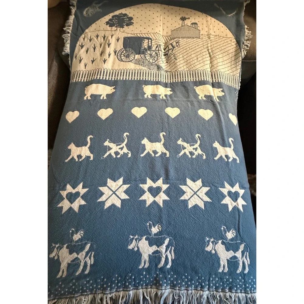 Vintage Woven Tapestry Throw‎ Blanket Country Farm Animals Blue Cream Fringed