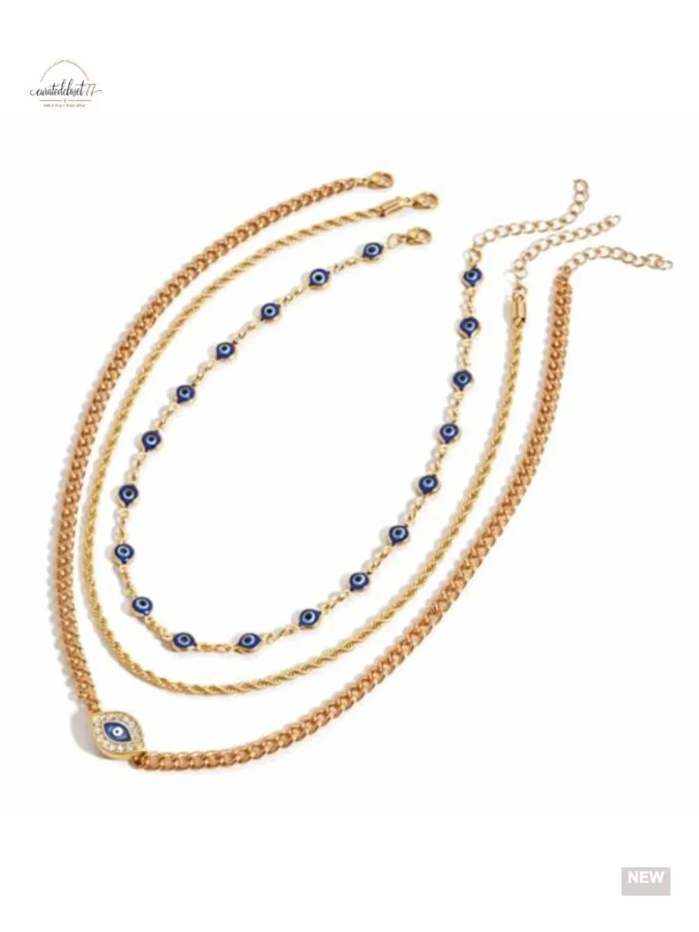 3 Layered Necklace Set Gold Plated Cuban Rope Chain Evil Eye Boho Protection