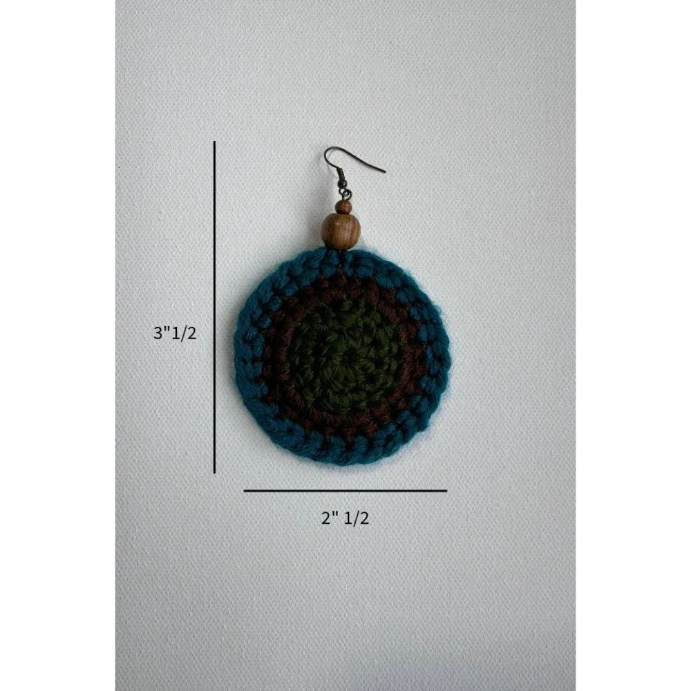 Round Crochet Earrings: Island Green Acrylic Yarn‎ with Wood Beads