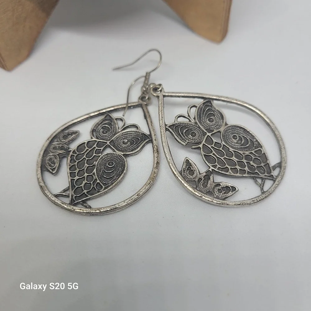 Owl Dangle Earrings Silver Tone Teardrop Boho Statement‎ Pre-OwnedJewelry