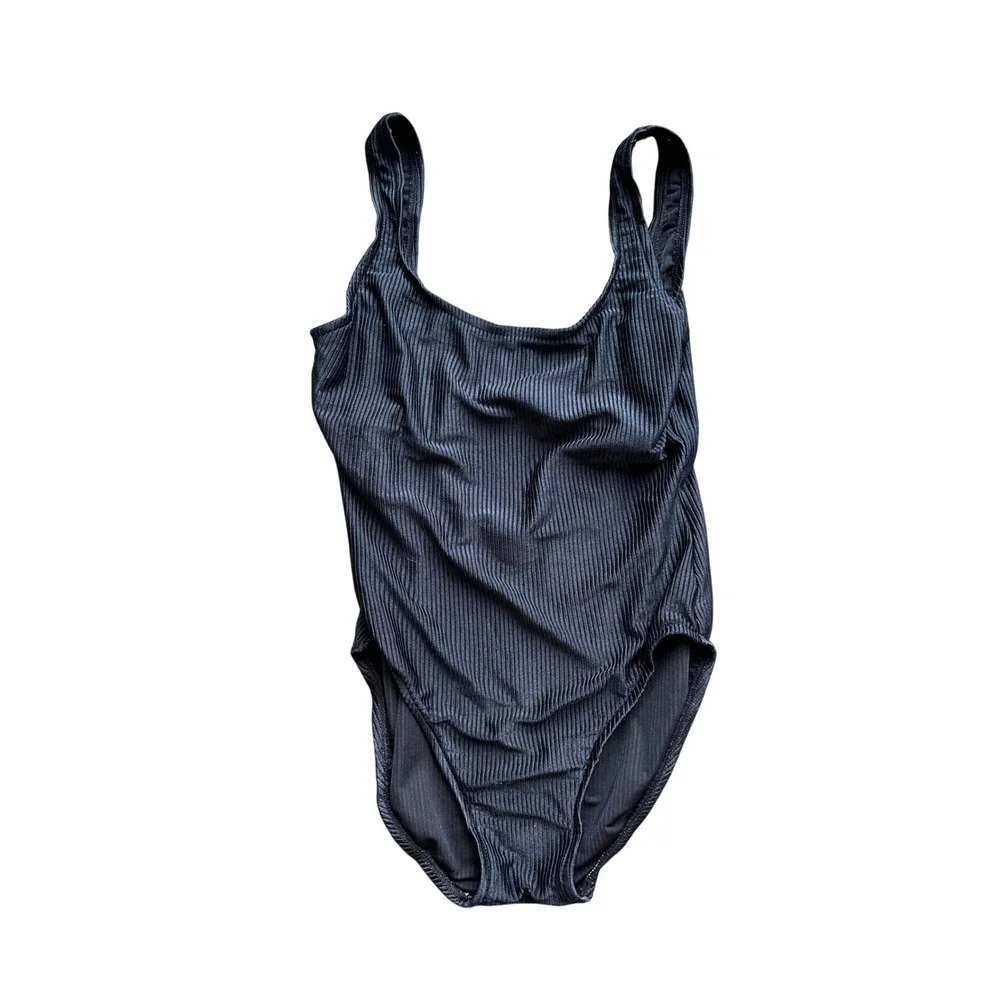 Vintage Ribbed One Piece Swimsuit Black Scoop Neck Tank Style 2324