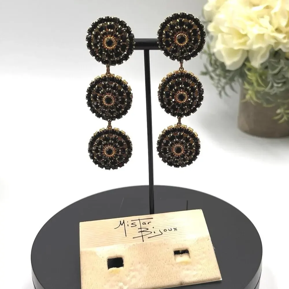 Mistar Bijoux Deadstock 3D Puff‎ Three Drop Dangle Crystal Gold Clip on Earrings