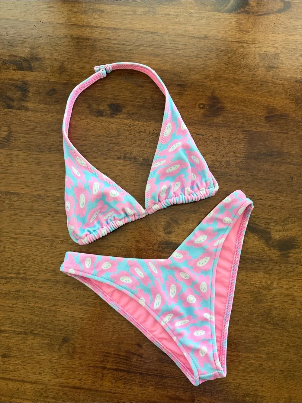 Frankie's Bikinis Pink and Aqua Floral Triangle Bikini