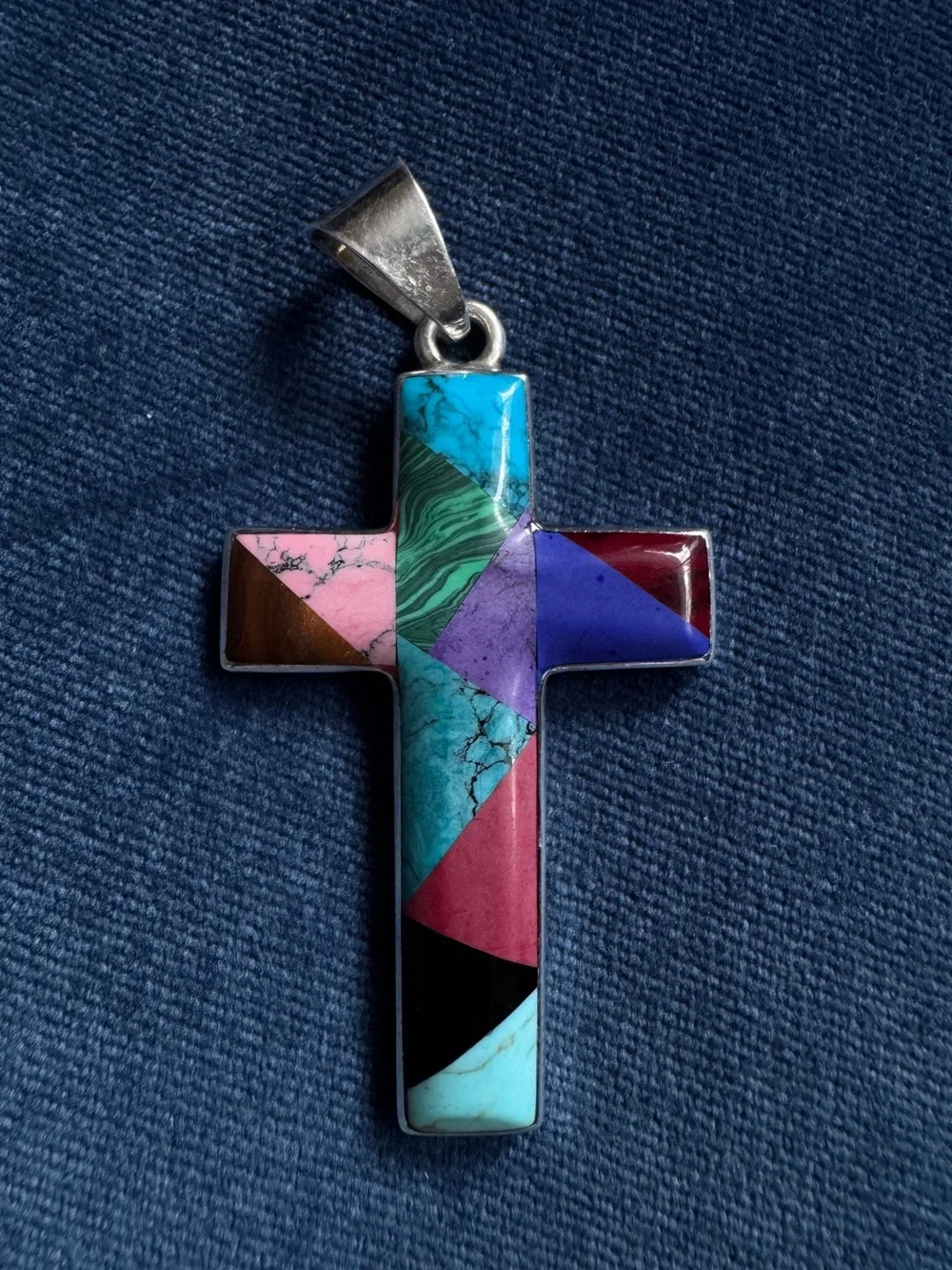 Vintage 925 Sterling Silver Mexico multi-stone inlay cross pendant‎