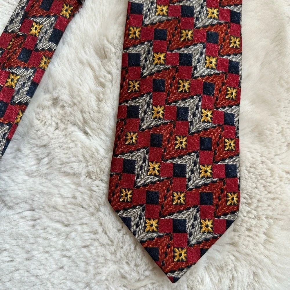 Vintage Ermenegildo Zegna‎ Necktie Mens Red Blue Shirt Tie Geometric Silk Italy