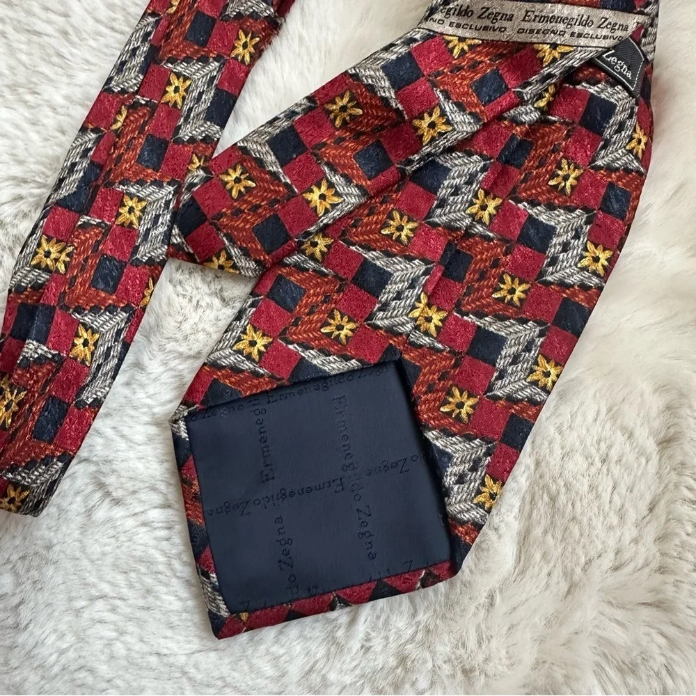 Vintage Ermenegildo Zegna‎ Necktie Mens Red Blue Shirt Tie Geometric Silk Italy