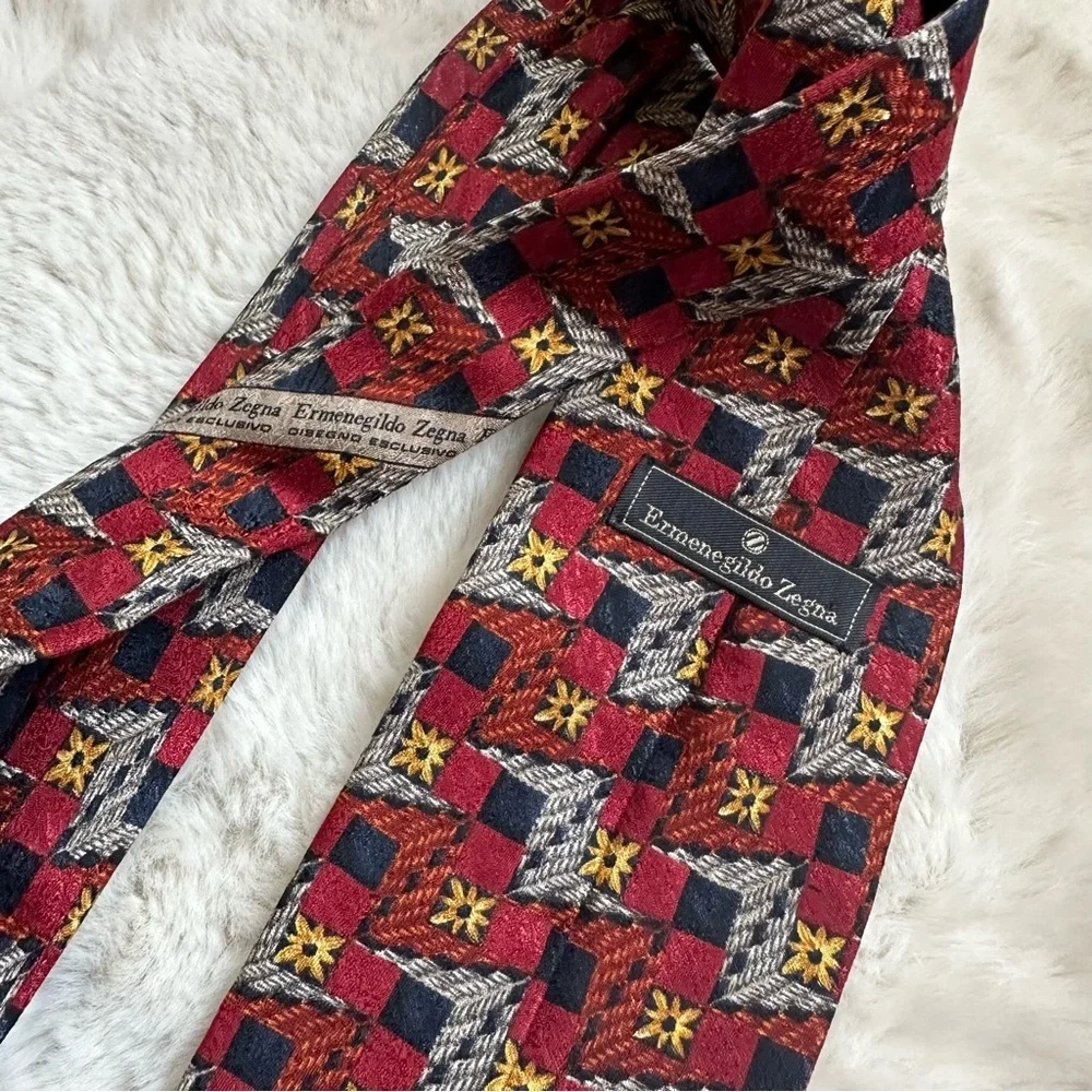 Vintage Ermenegildo Zegna‎ Necktie Mens Red Blue Shirt Tie Geometric Silk Italy