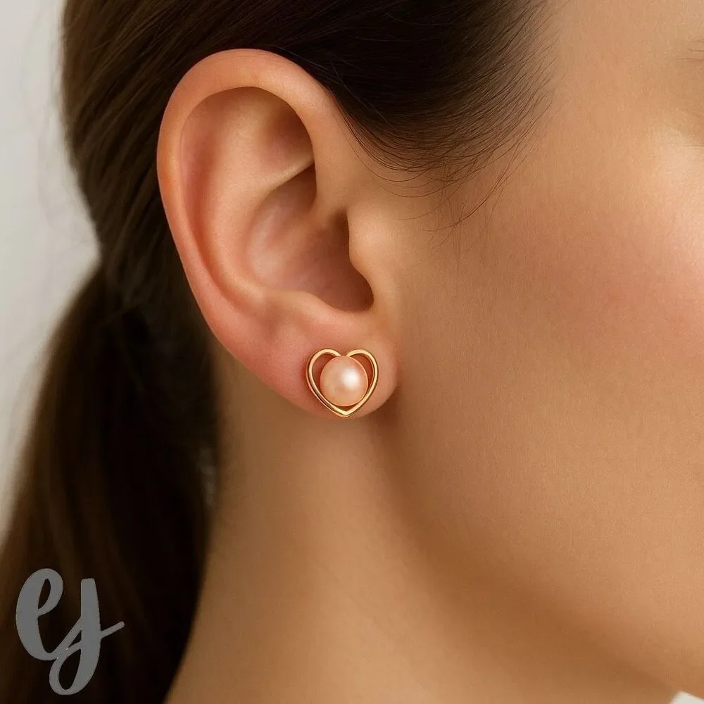 Pink Freshwater Cultured Pearl Stud Earrings in 18k Gold Plated Heart Setting