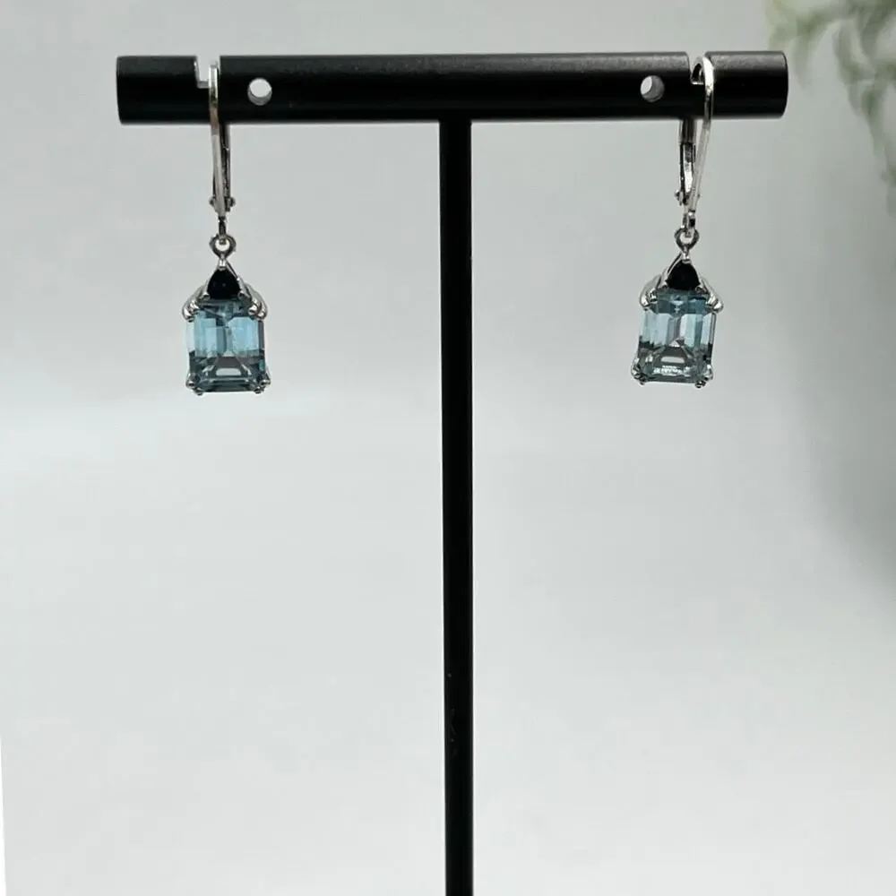 BBJ 925 Sterling Silver Emerald‎ Cut Blue Topaz Sm Sapphire Lever back Earrings