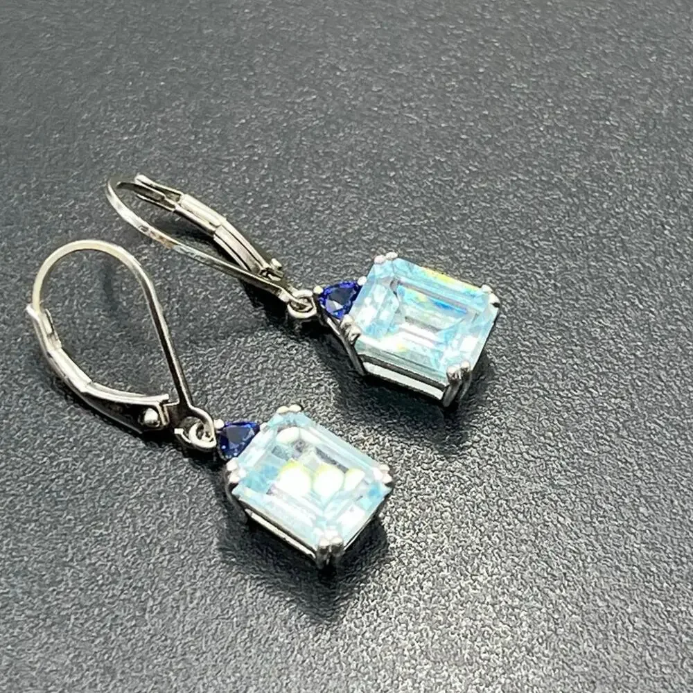 BBJ 925 Sterling Silver Emerald‎ Cut Blue Topaz Sm Sapphire Lever back Earrings