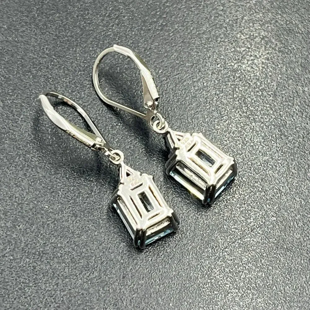 BBJ 925 Sterling Silver Emerald‎ Cut Blue Topaz Sm Sapphire Lever back Earrings
