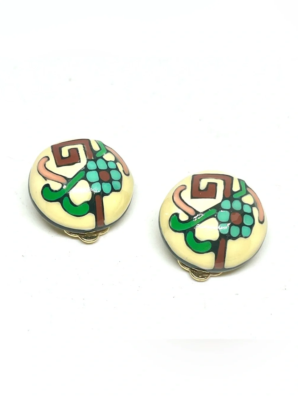 Vintage Ceramic Round Clip-On Earrings