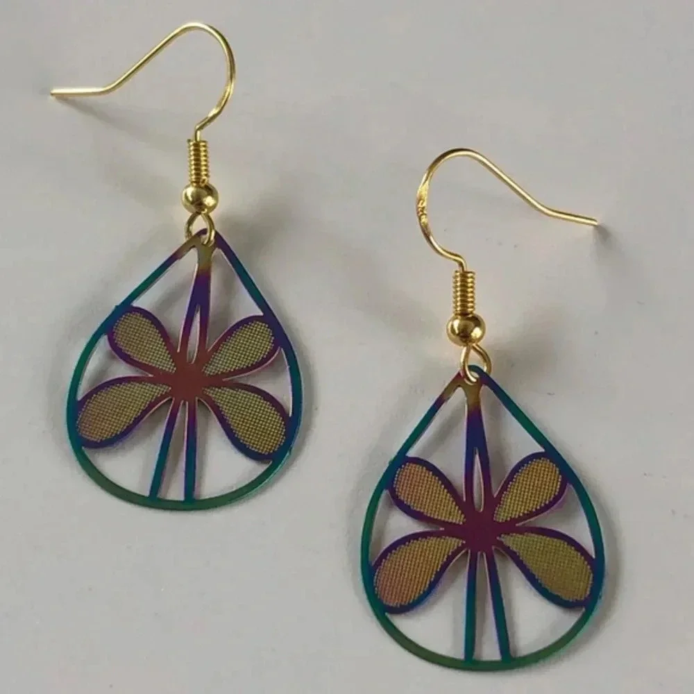 Butterfly Teardrop Oilslick Gold Handmade Filigree Earrings