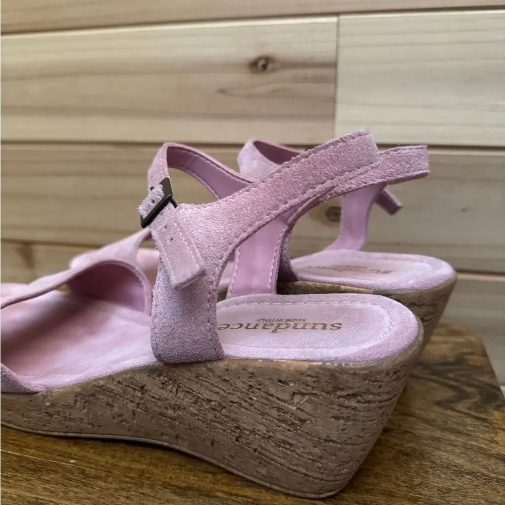 Sundance Size 40 (9) Pink Leather Suede Cork Wedge Platform Sandal Shoes