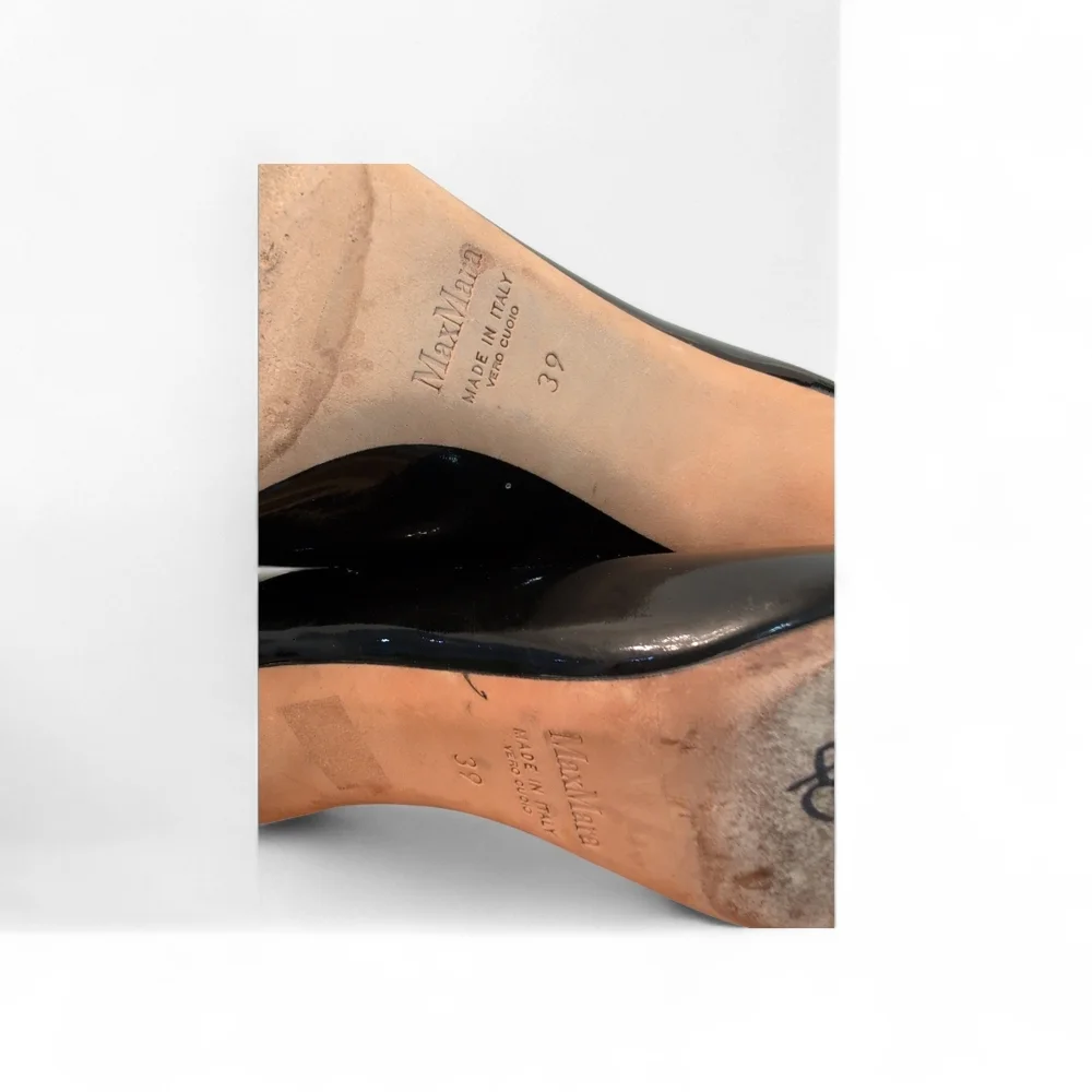 Max Mara Black Patent Leather Peep Toe Pumps Stiletto Heels Made in Italy‎ Sz 39