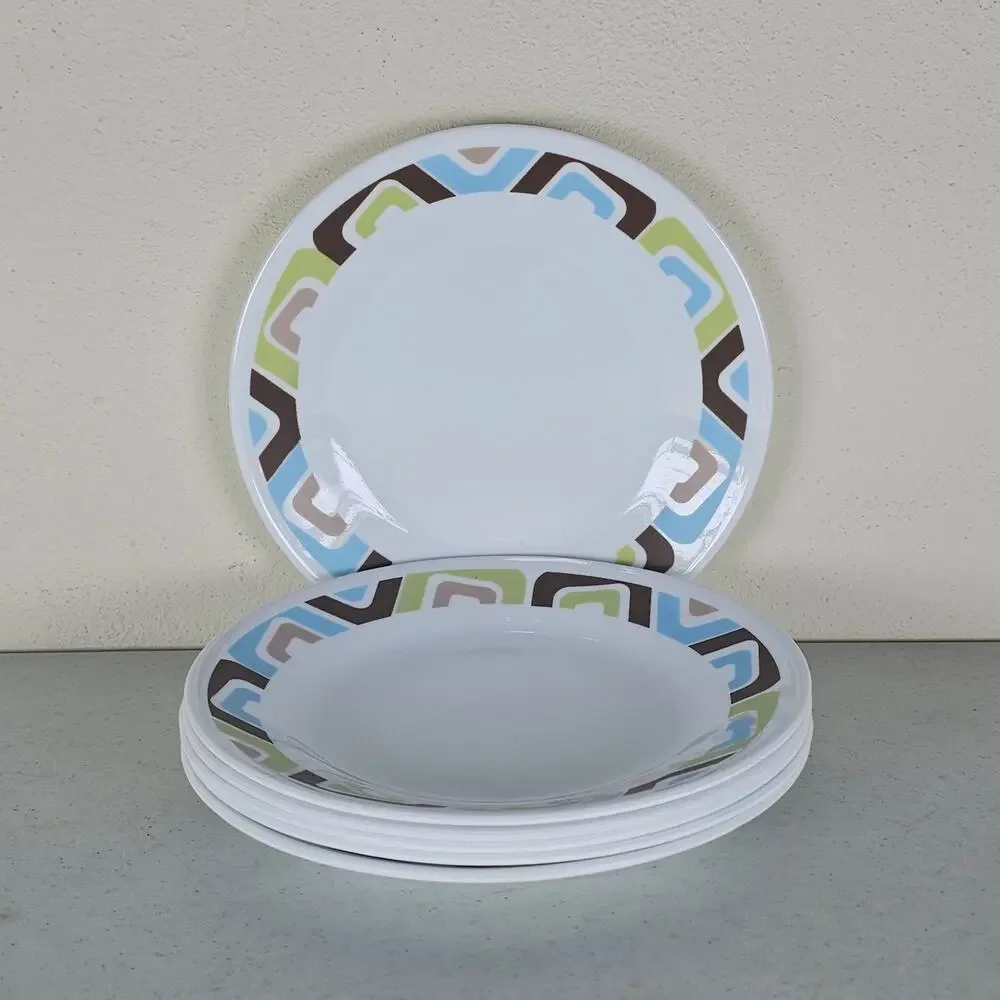 6 CORELLE ~6.75 BREAD‎ SIDE PLATES 'SQUARED' BLUE BROWN GREEN SQUARES ON WHITE