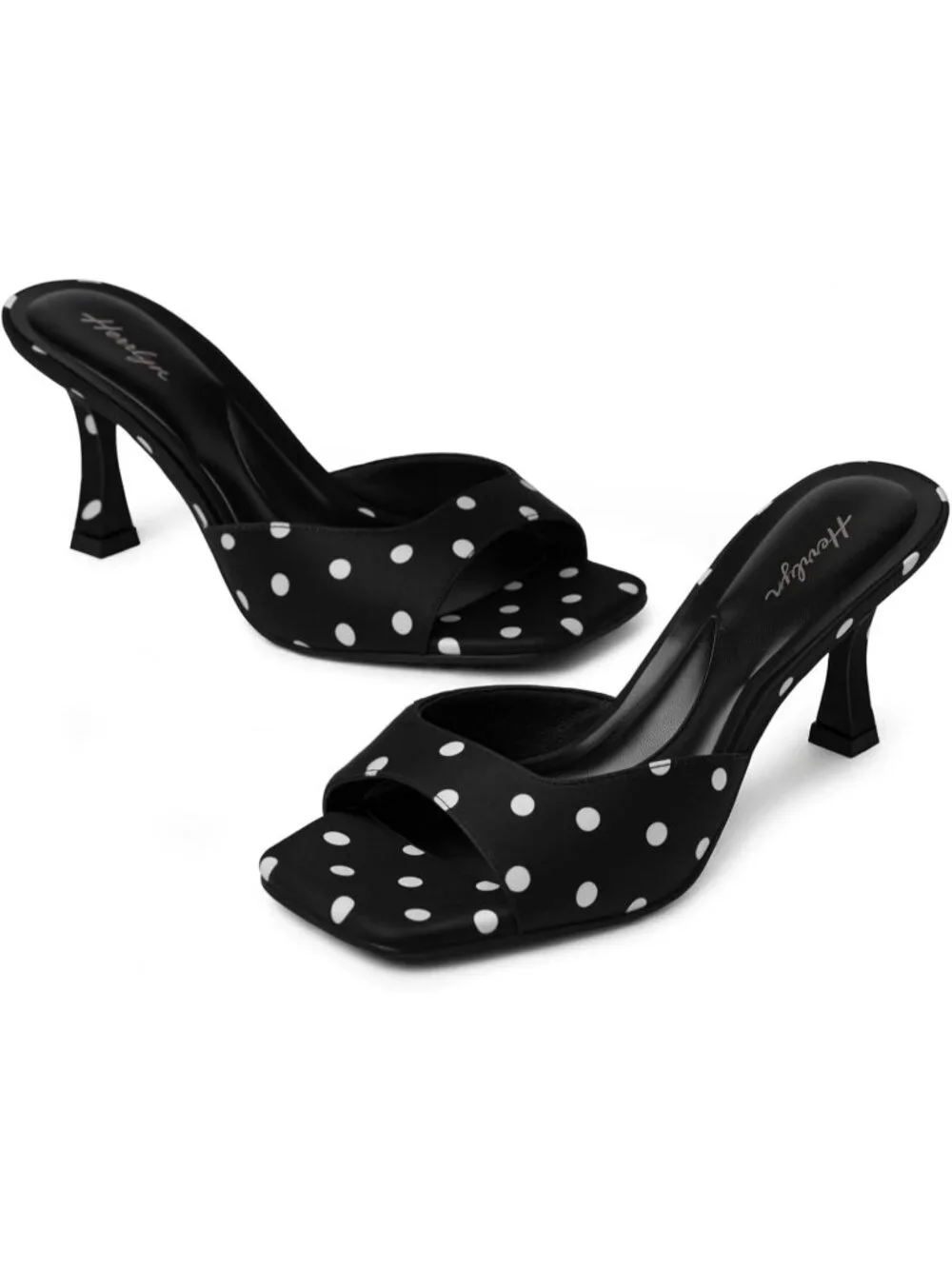 Women's Black Polka Dots Summer Square Toe Slingback Sexy Backless Heeled Sandal
