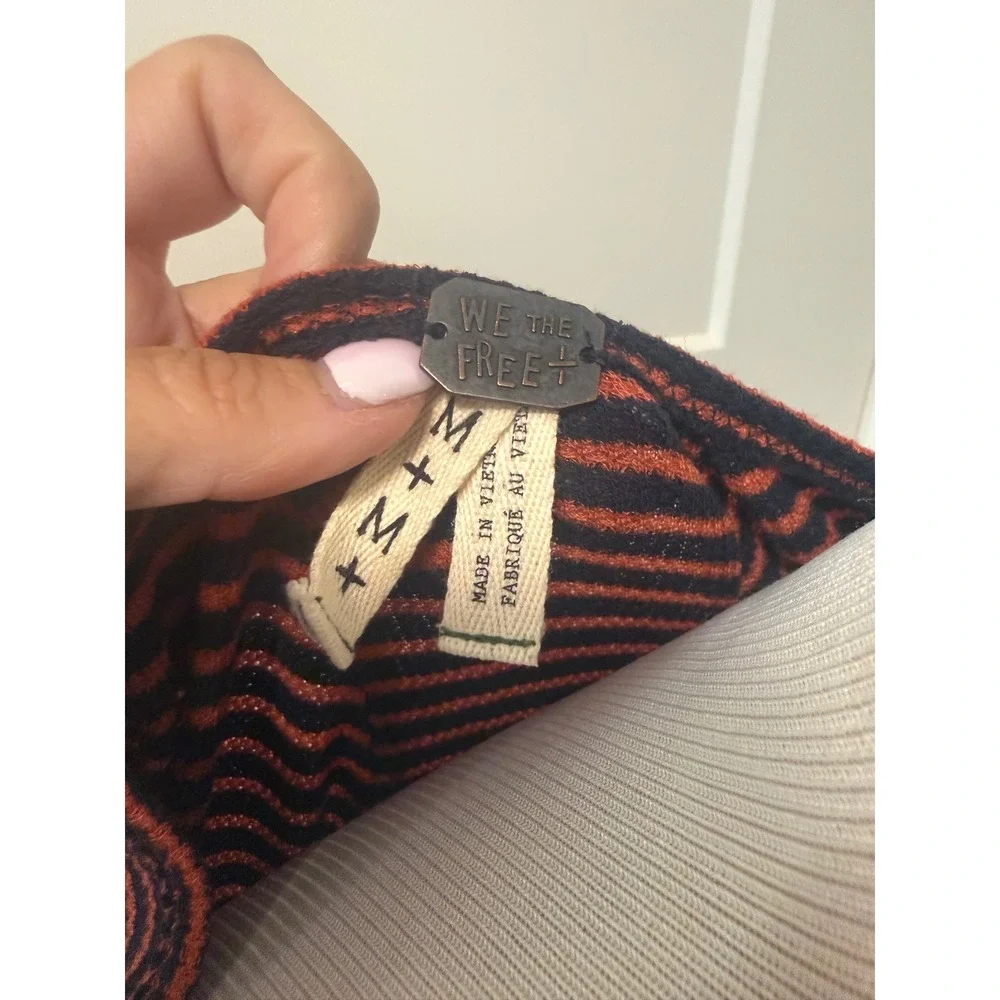 We The Free People Womens Medium Striped Henley Thermal‎ Top Navy Rust Orange