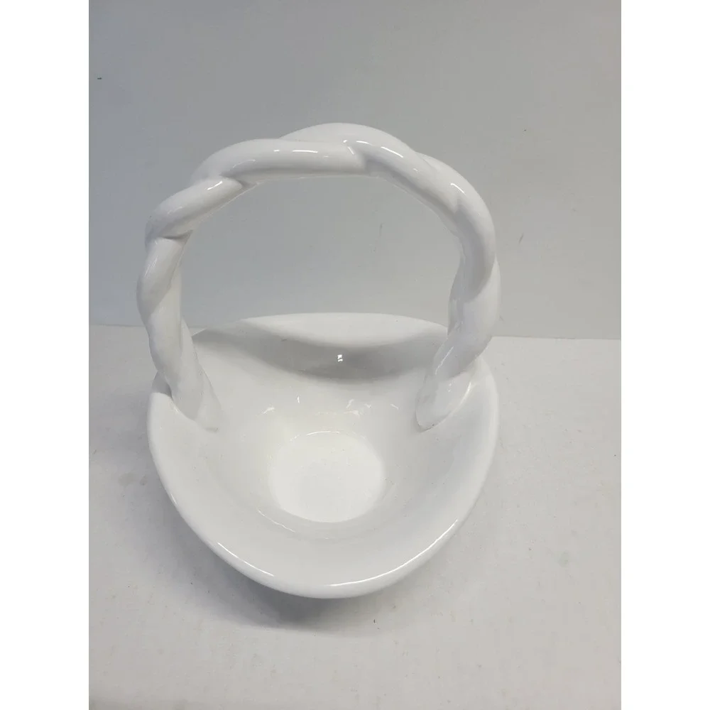 Vintage White Ceramic Woven Basket with Twisted Rope Handle Glossy Finish‎