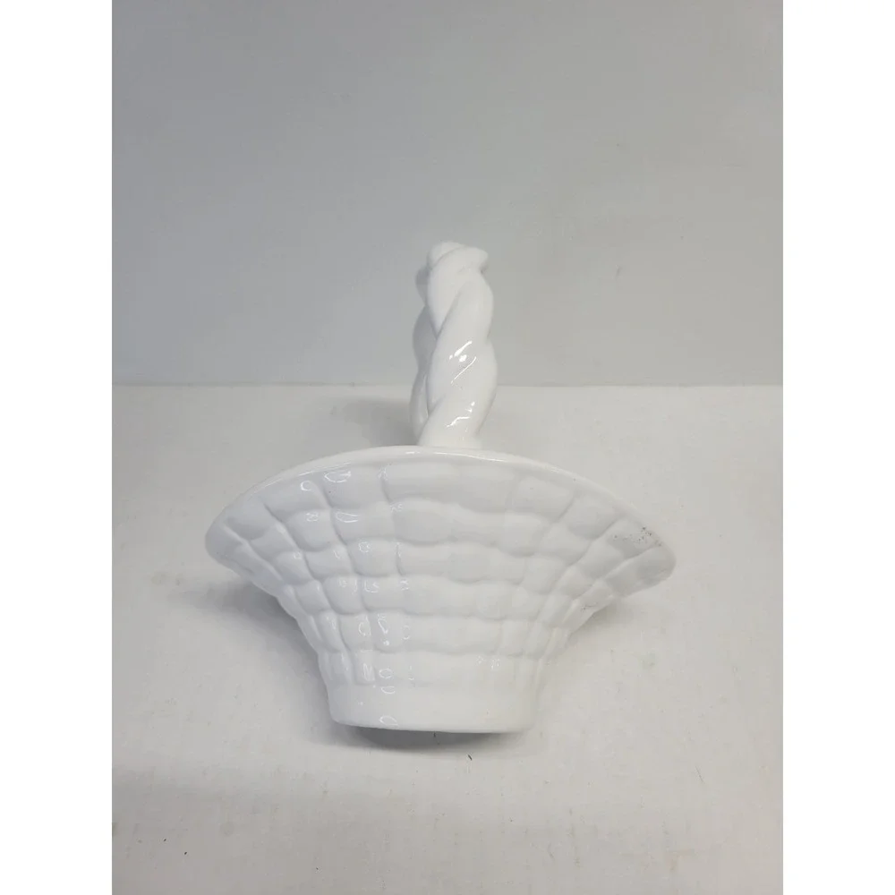 Vintage White Ceramic Woven Basket with Twisted Rope Handle Glossy Finish‎