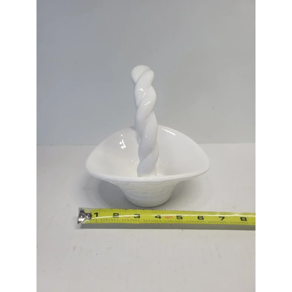 Vintage White Ceramic Woven Basket with Twisted Rope Handle Glossy Finish‎