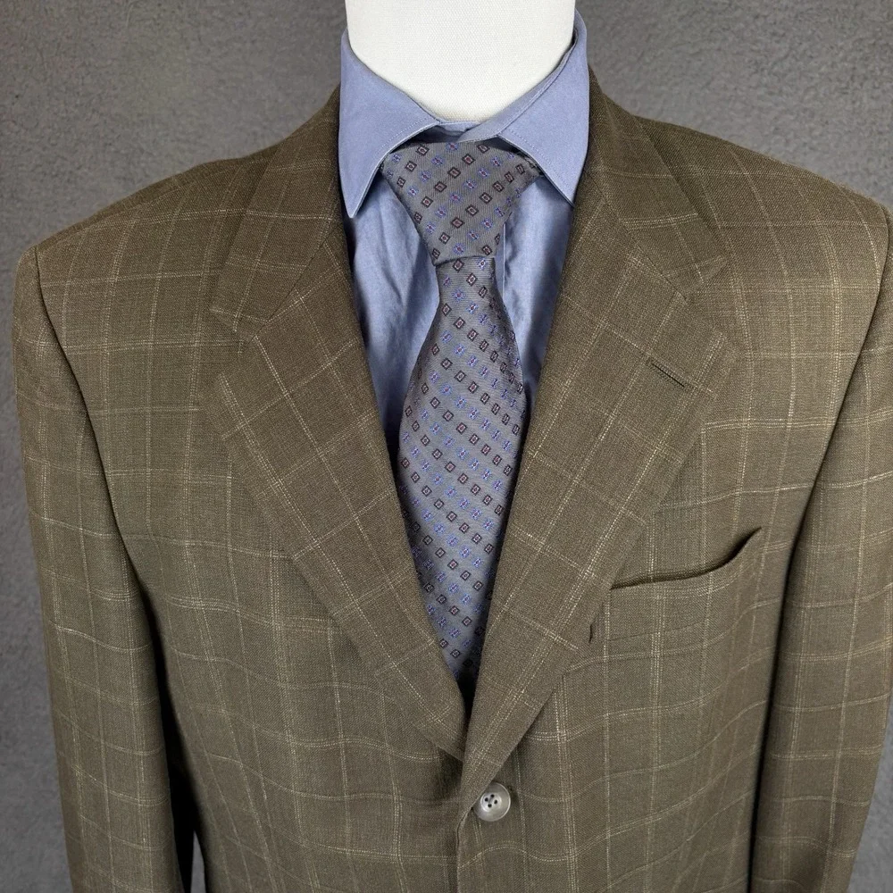Nordstrom Blazer Mens 42L Olive‎ Windowpane E Thomas Silk Wool Linen Sport Coat
