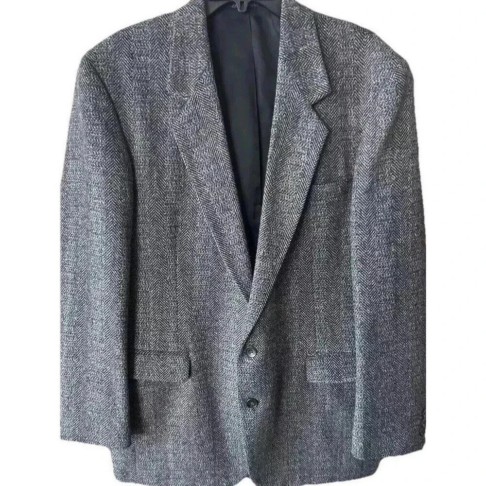 Men's Wool Sport Coat 44L Gray Herringbone 2 Button Gallery Haggar Office