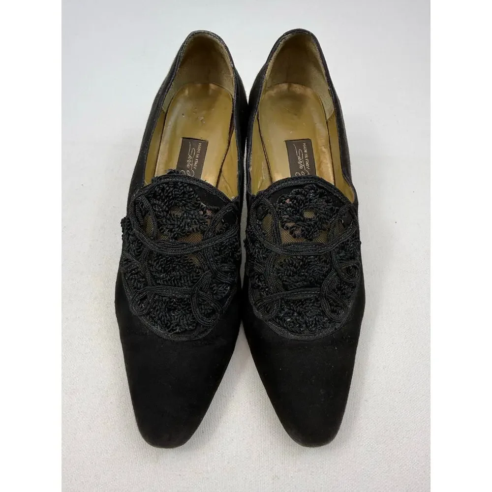 Sesto Meucci Black Suede‎ Pumps Embroidered Mesh Vamp Vintage 90s Womens Size 7