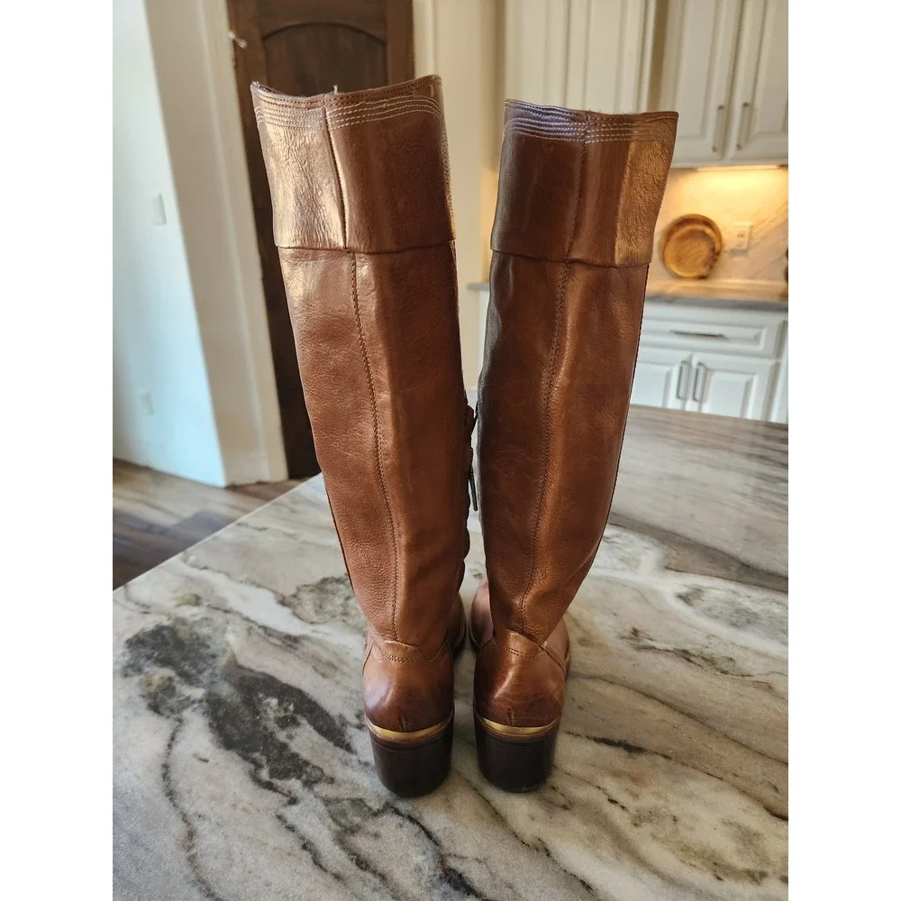 Donald Pliner Tall Leather Riding Boots‎ Western Cognac Brown Block Women's 6.5