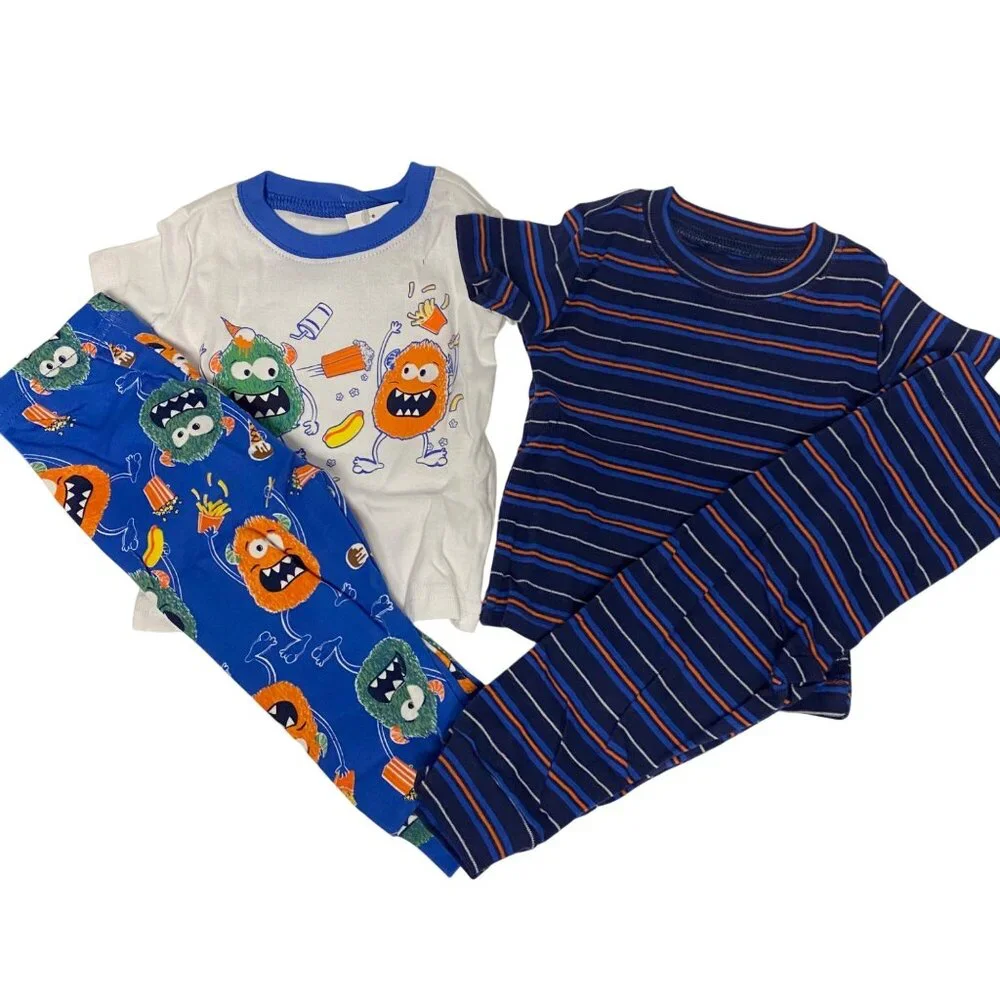 Toddler Boys 2-Pack Monster & Striped Pajama Set‎ Classic Blue 3-6 Months NWT