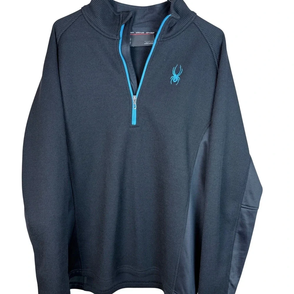 Spyder Mens‎ XXL Black Teal 1/4 Zip Textured Fleece Lined Pullover Activewear