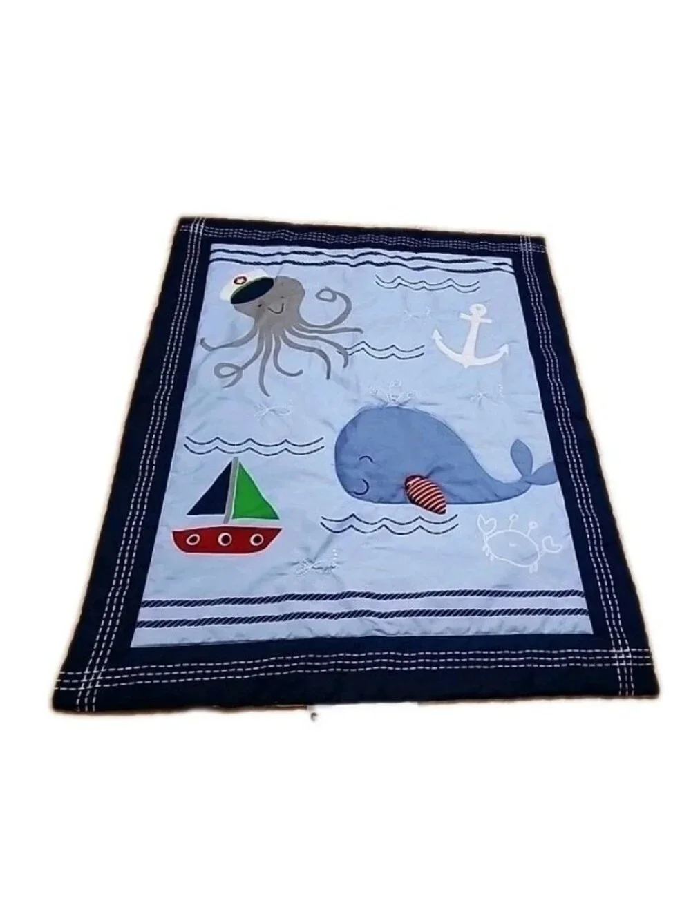 Nautical Baby Crib Blanket Quilt Blue Ocean Octopus Whale Sailboat Nursery Beach