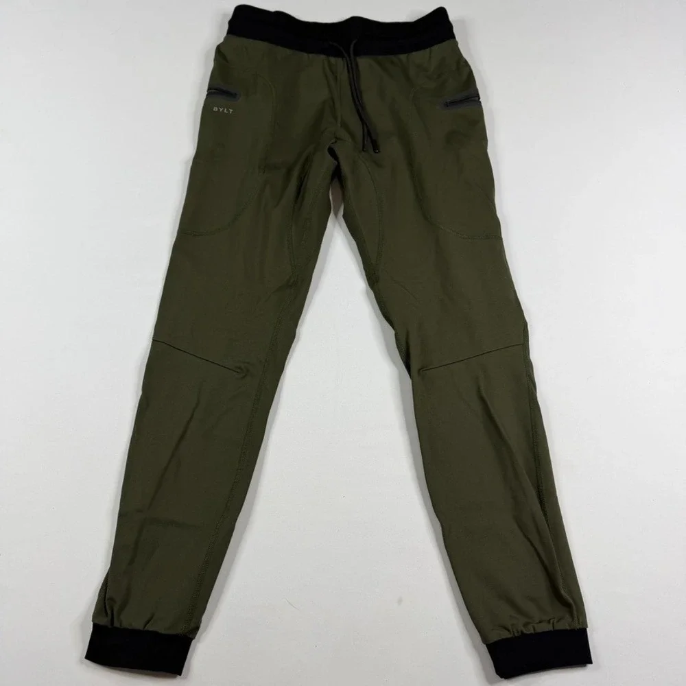 BYLT Premium Jogger Men Size Medium Olive Green Zipper Pockets Slim Fit Stretch