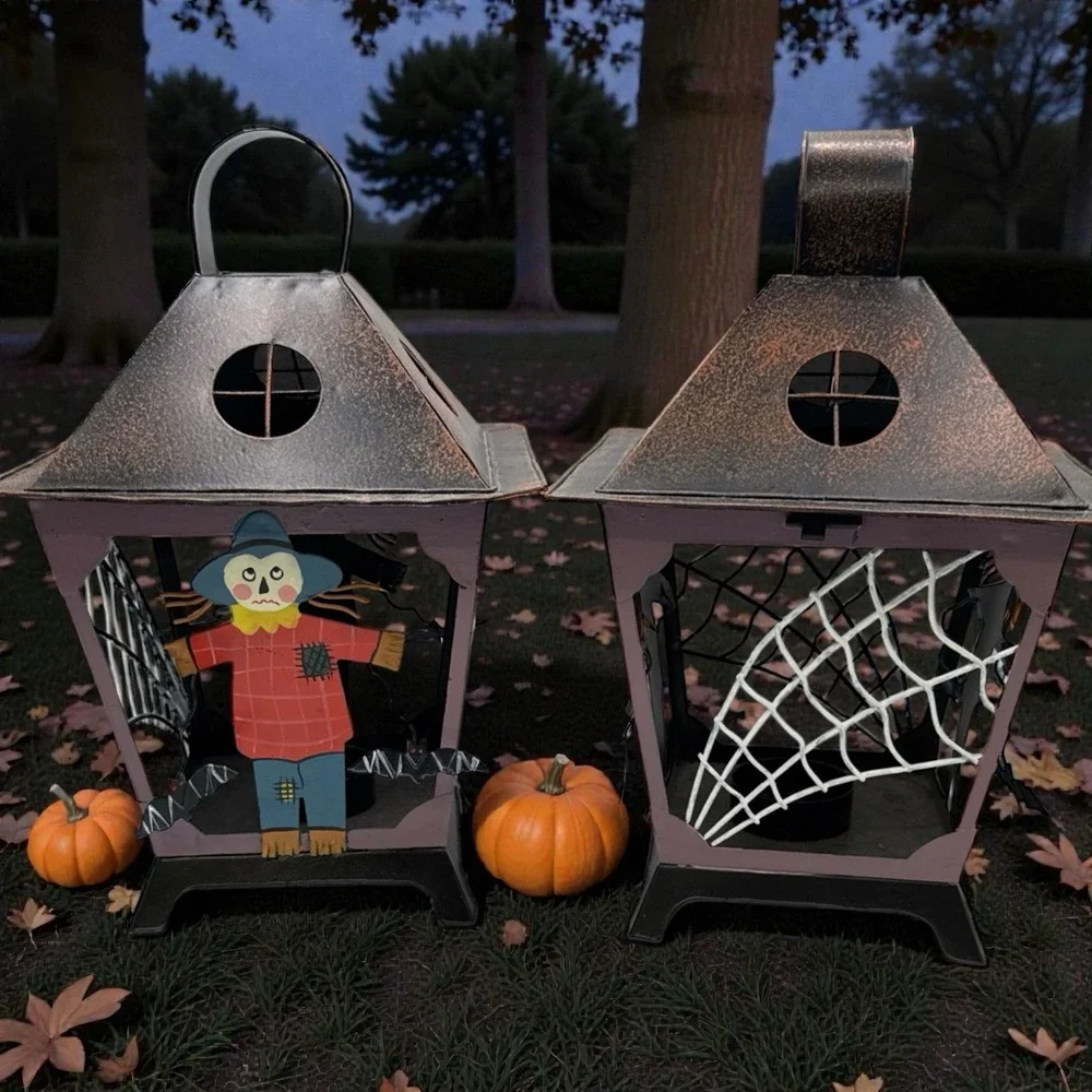 2- Halloween Lantern Tealight Candle Holder Scarecrow & Bats Hollow‎ Metal Cage