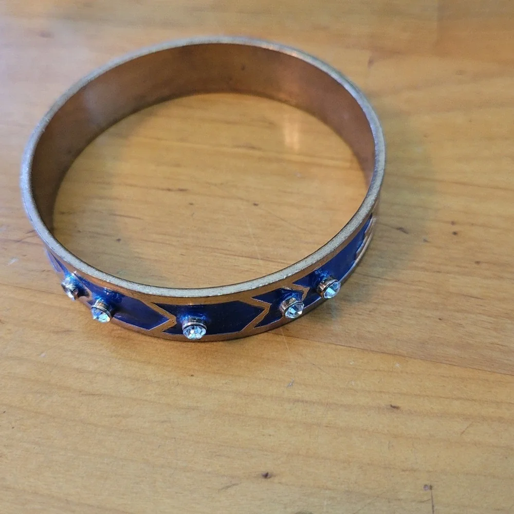 Vintage Blue Enamel Rhinestone Geometric Bangle Bracelet Brass Tone 42g