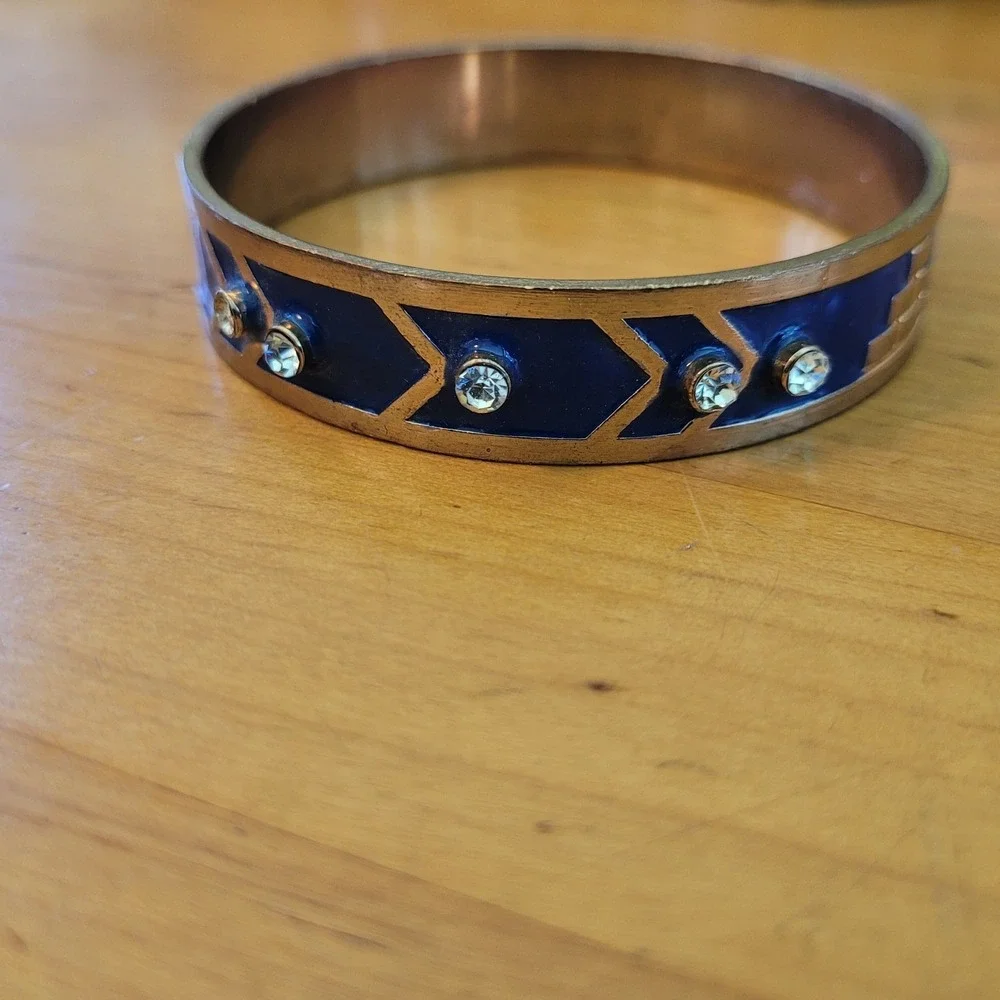 Vintage Blue Enamel Rhinestone Geometric Bangle Bracelet Brass Tone 42g