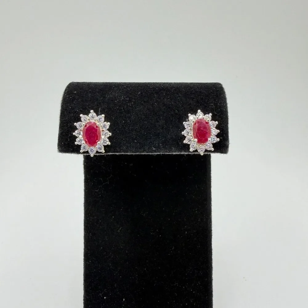 NWOT 5x7mm oval cut RUBIES w/ halo of cz‎ diamond stud earrings in 925!