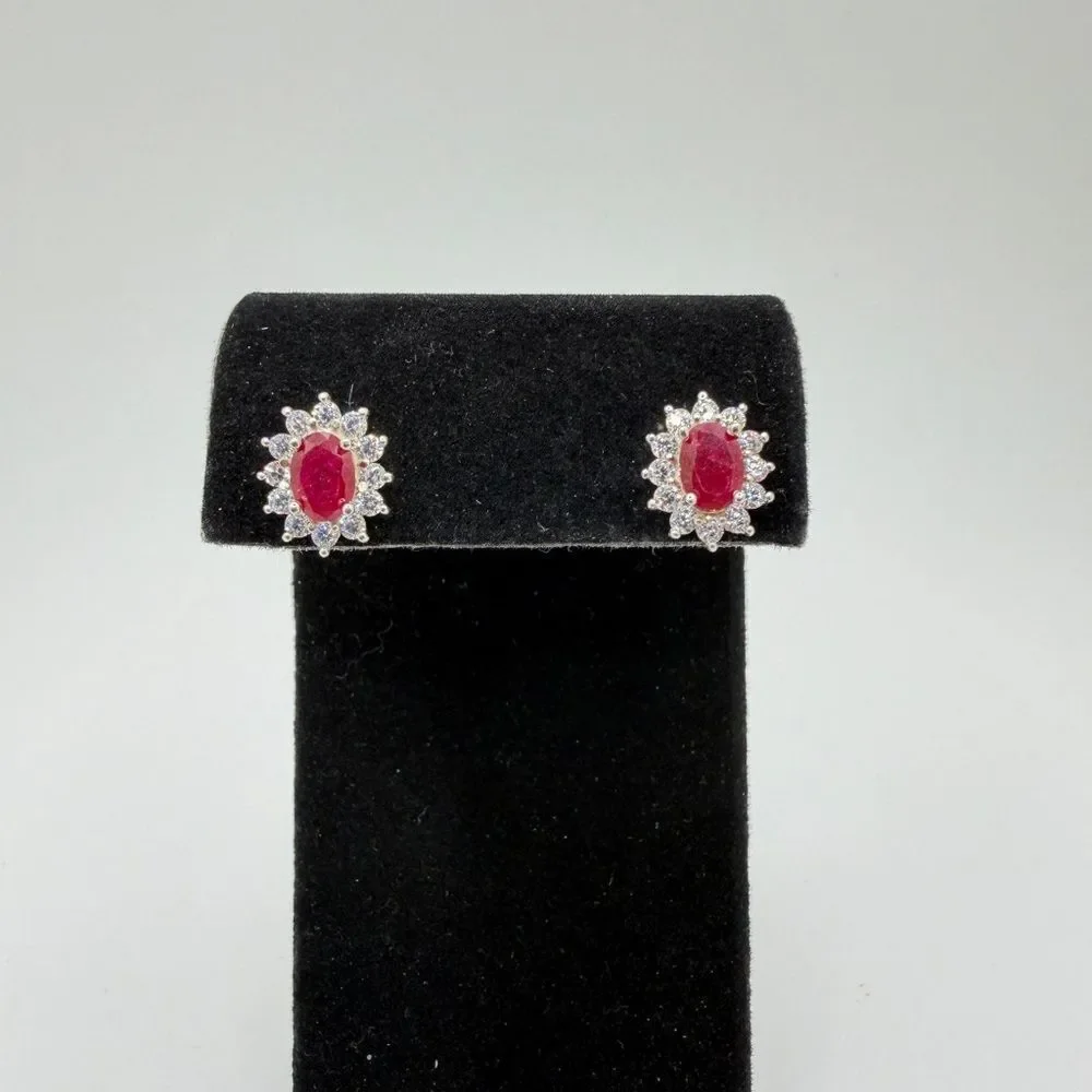 NWOT 5x7mm oval cut RUBIES w/ halo of cz‎ diamond stud earrings in 925!