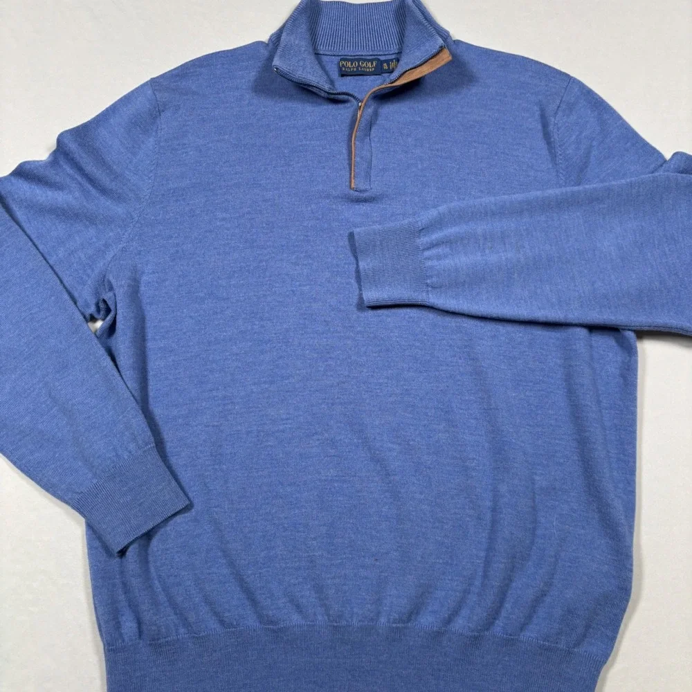 Polo Golf Ralph Lauren Pullover Mens XL Blue 100% Merino Wool 1/4 Zip Sweater