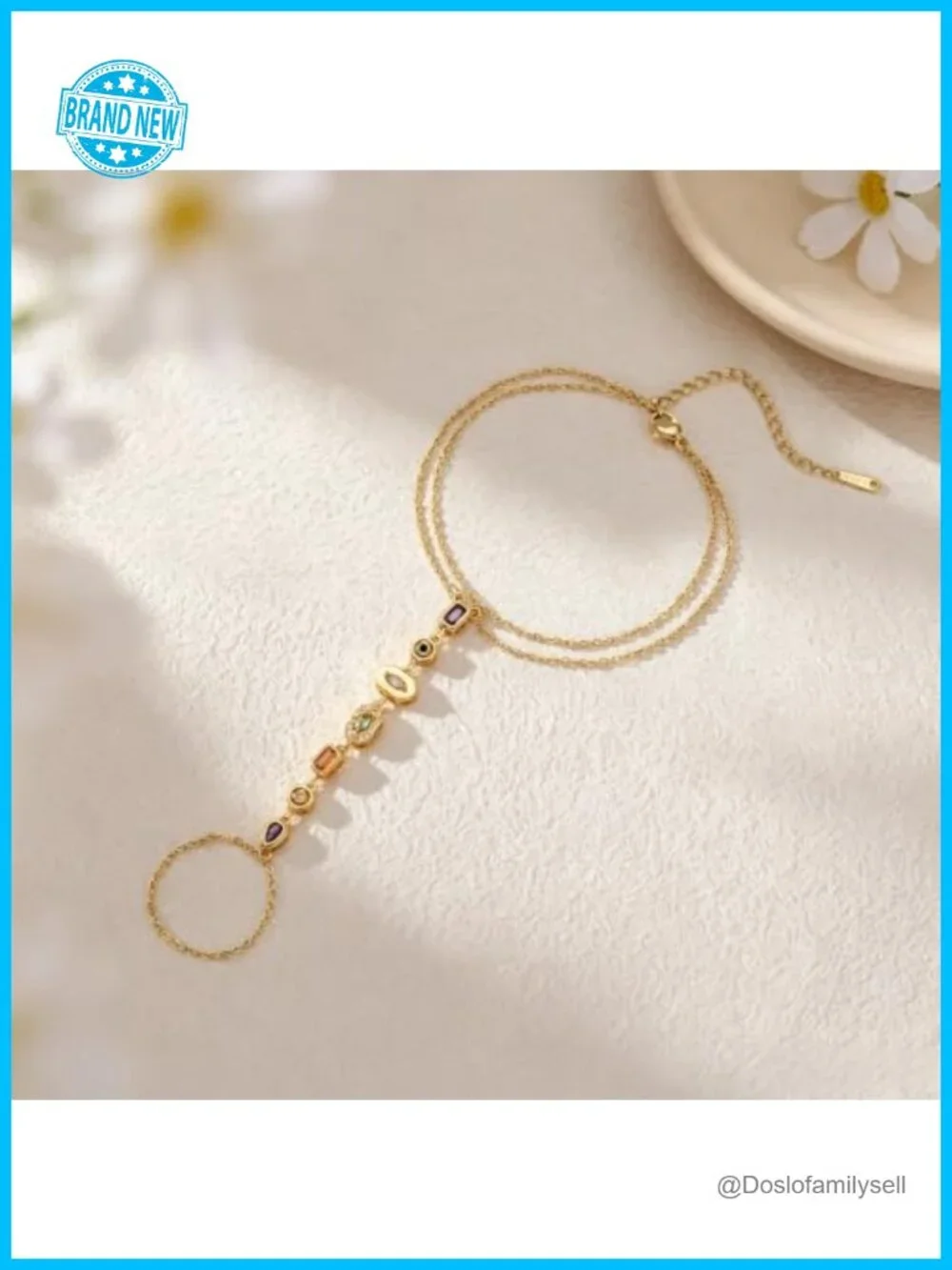 Hand Chain Bracelet for Women with Finger Ring, CZ Layered Link Bracelet